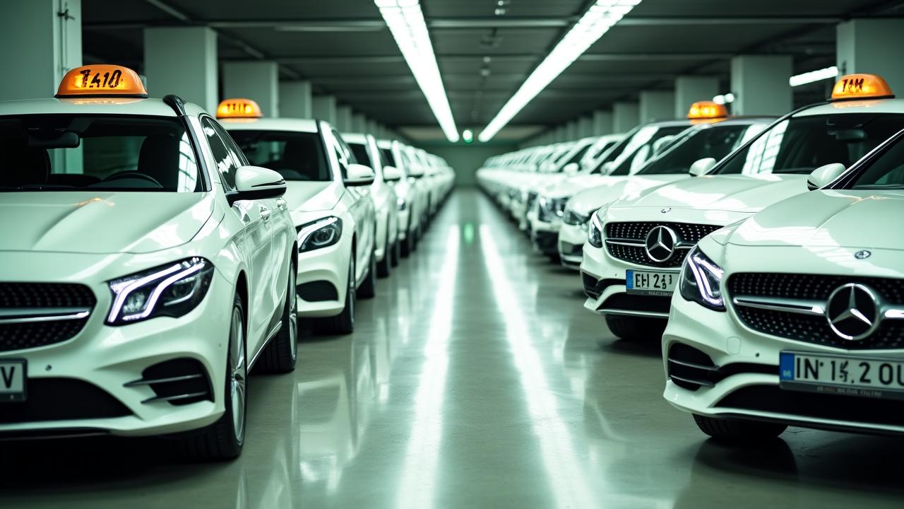 Flota de taxis blancos impecables alineados en Madrid