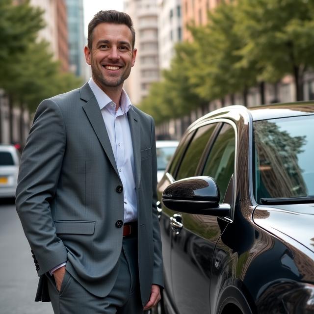 Ejecutivo en traje revisando su coche impecable en Madrid