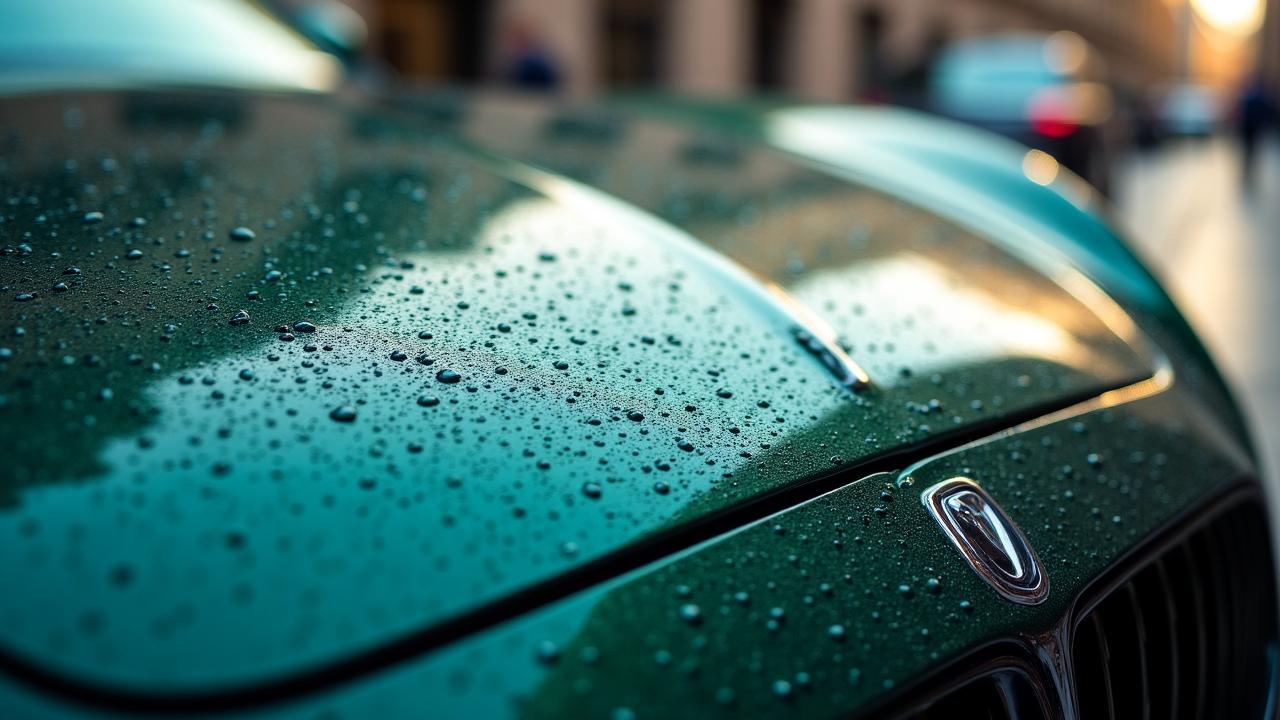 Coche de alta gama con gotas de agua sobre pintura encerada en Madrid