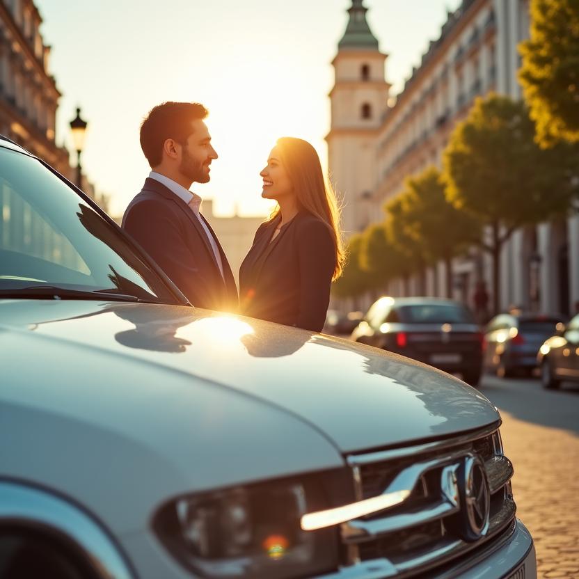 Turistas disfrutando de un coche limpio frente a la Puerta de Alcalá en Madrid